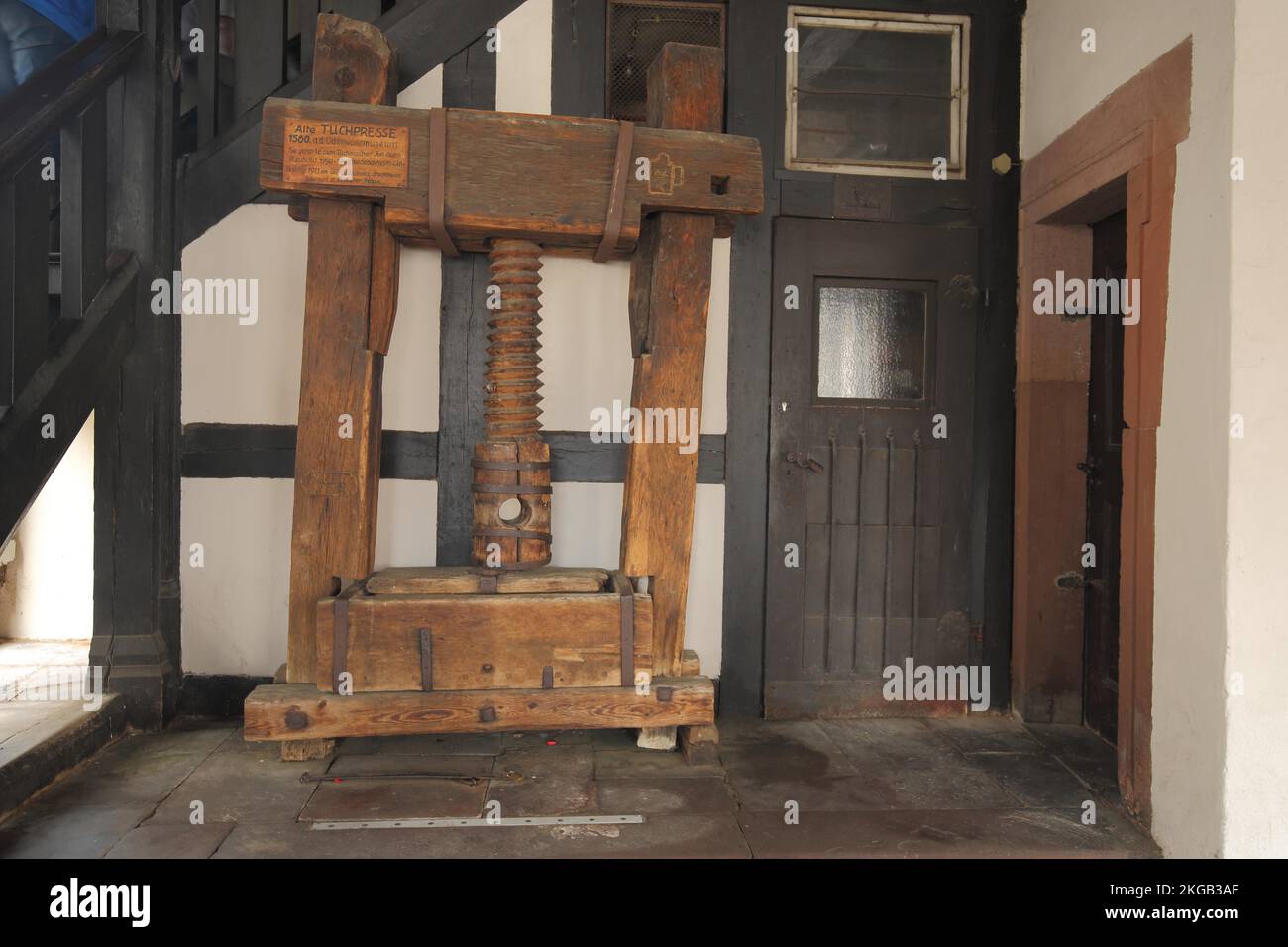 Historic cloth press at the town hall in Michelstadt, Hesse, Germany, Europe Stock Photo