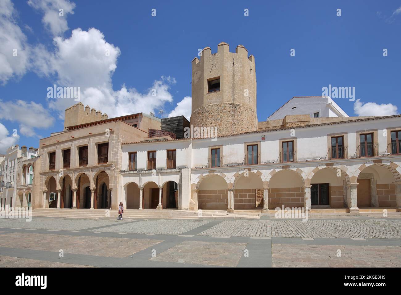 Casa Consistorial de Badajoz and Tower Torre de lo Caballeros at Plaza Alta in Badajoz, Extremadura, Spain, Europe Stock Photo