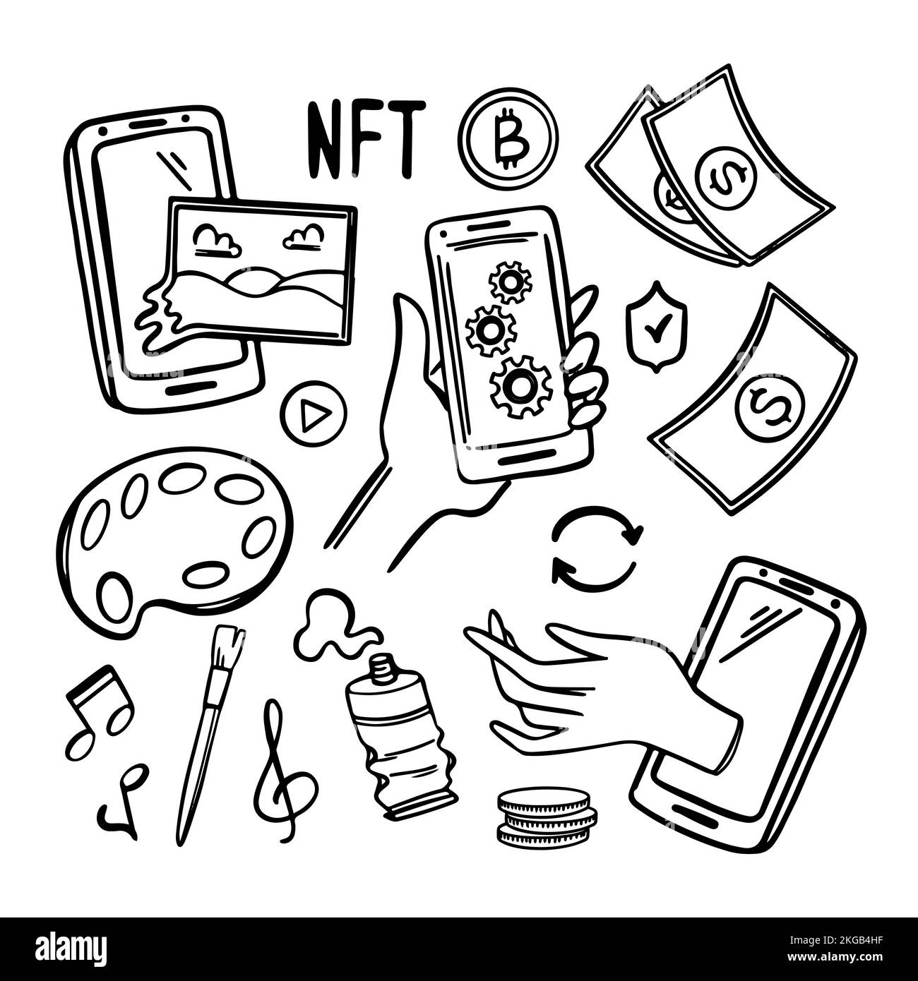 DIGITAL ART SALE MONOCHROME Online Marketplace With Non-fungible Token Currency Blockchain Unique Art Network Technology For Virtual Trade Crypto Stor Stock Vector