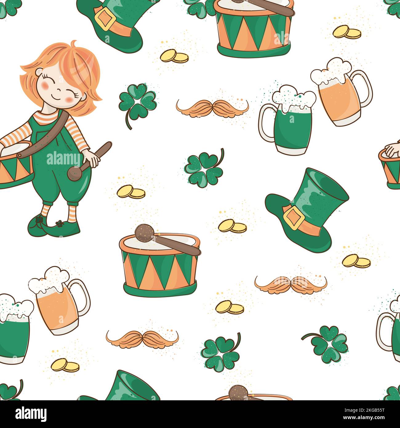 DRUM AND HAT Saint Patrick Day Cartoon Seamless Pattern Vector Illustration For Print Stock Vector