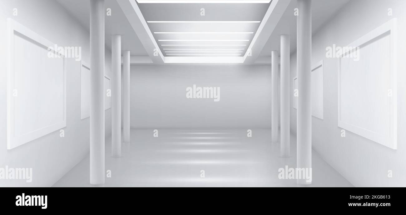 White empty art gallery, abstract room background. Museum exhibition hall 3d render. interior with blank frames hanging on walls and pillars, spotlights on ceiling, Realistic vector illustration Stock Vector