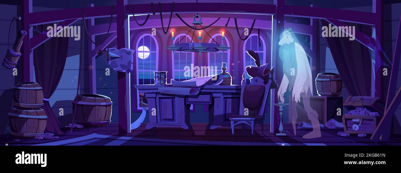 Ghost of pirate in ship cabin at night. Dark captain room interior with old chair, wooden table, barrels, treasure chest, map and soul of dead sailor, vector cartoon illustration Stock Vector