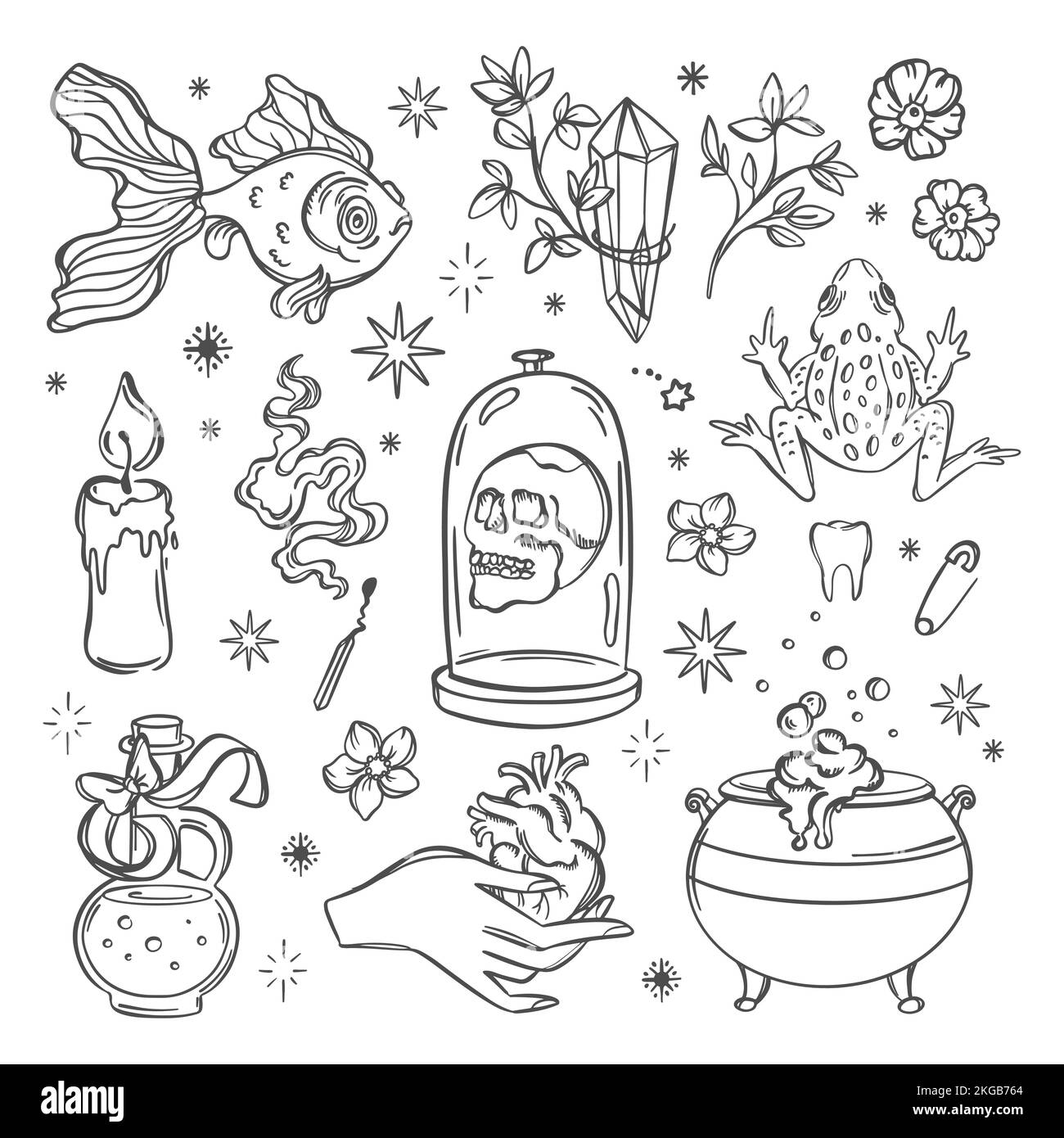 ESOTERIC SYMBOLS Monochrome Witchcraft Element Love Magic Alchemic Astrology Occult Mystery Doodle Sketch Set Hand Drawn Collection For Designers And Stock Vector