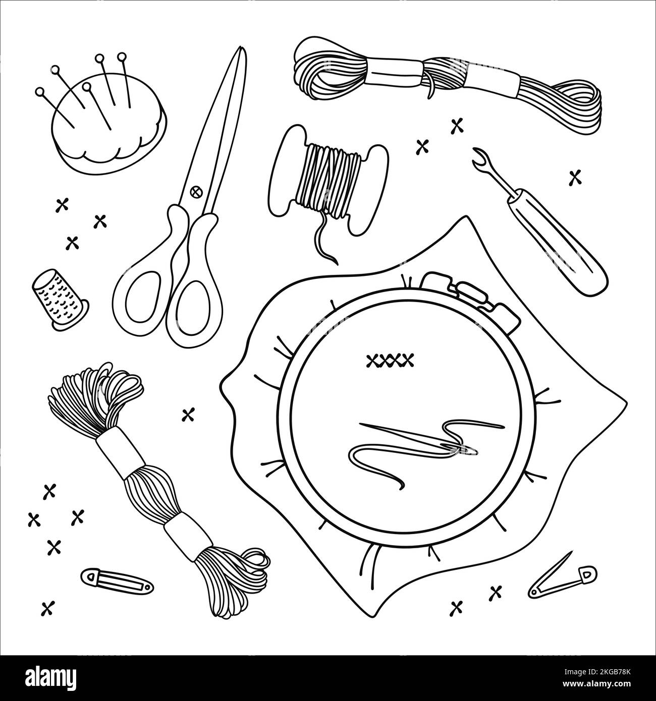 EMBROIDERY TOOLS Monochrome Sewing Supplies Cartoon Vector Illustration
