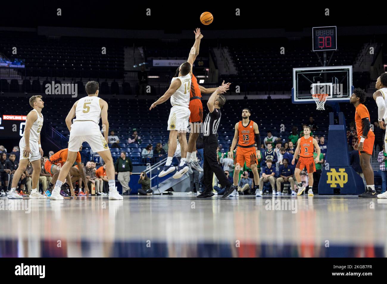 South Bend, Indiana, USA. 22nd Nov, 2022. The opening tip during NCAA basketball game action between the Bowling Green Falcons and the Notre Dame Fighting Irish at Purcell Pavilion at the Joyce Center in South Bend, Indiana. Notre Dame defeated Bowling Green 82-66. John Mersits/CSM/Alamy Live News Stock Photo