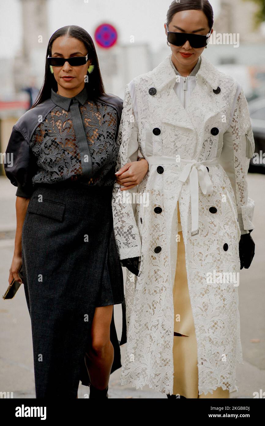 Street style, Sai de Silva and Chriselle Lim arriving at Sacai Spring