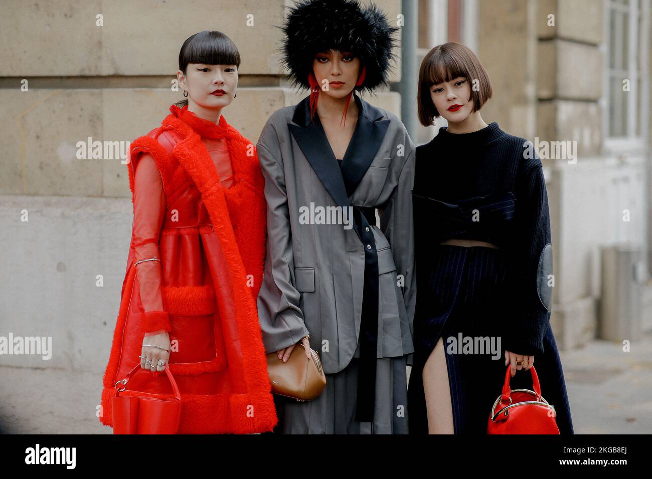 Street style, Kozue Akimoto, Kiwi Lee Han and Emma arriving at Sacai