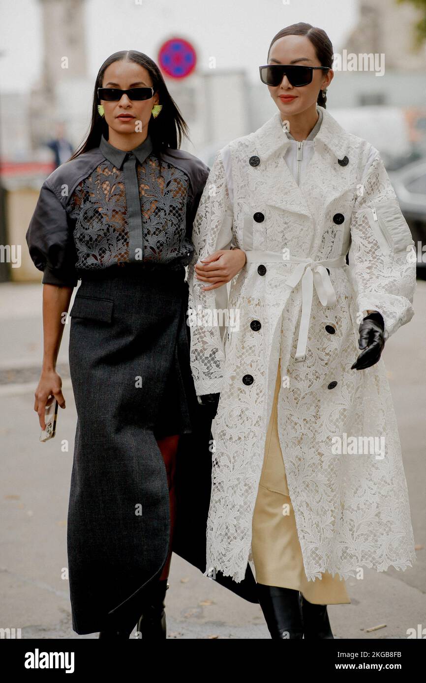 Street style, Sai de Silva and Chriselle Lim arriving at Sacai Spring
