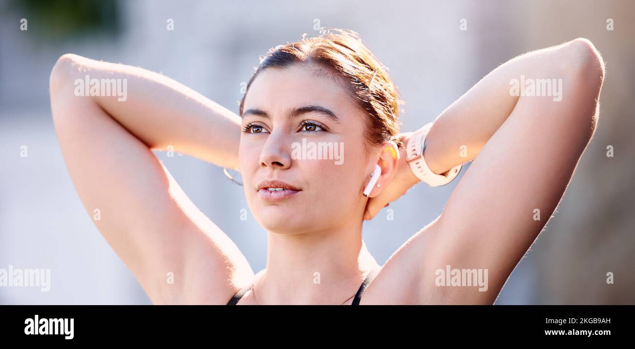 City fitness, break and woman face, stretching and goals, relax and healthy outdoor exercise, sports workout and wellness training, motivation and Stock Photo