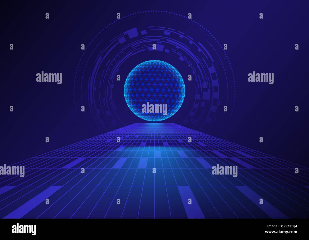 Abstract sphere and circuit board on perspective grid technology background. Stock Vector