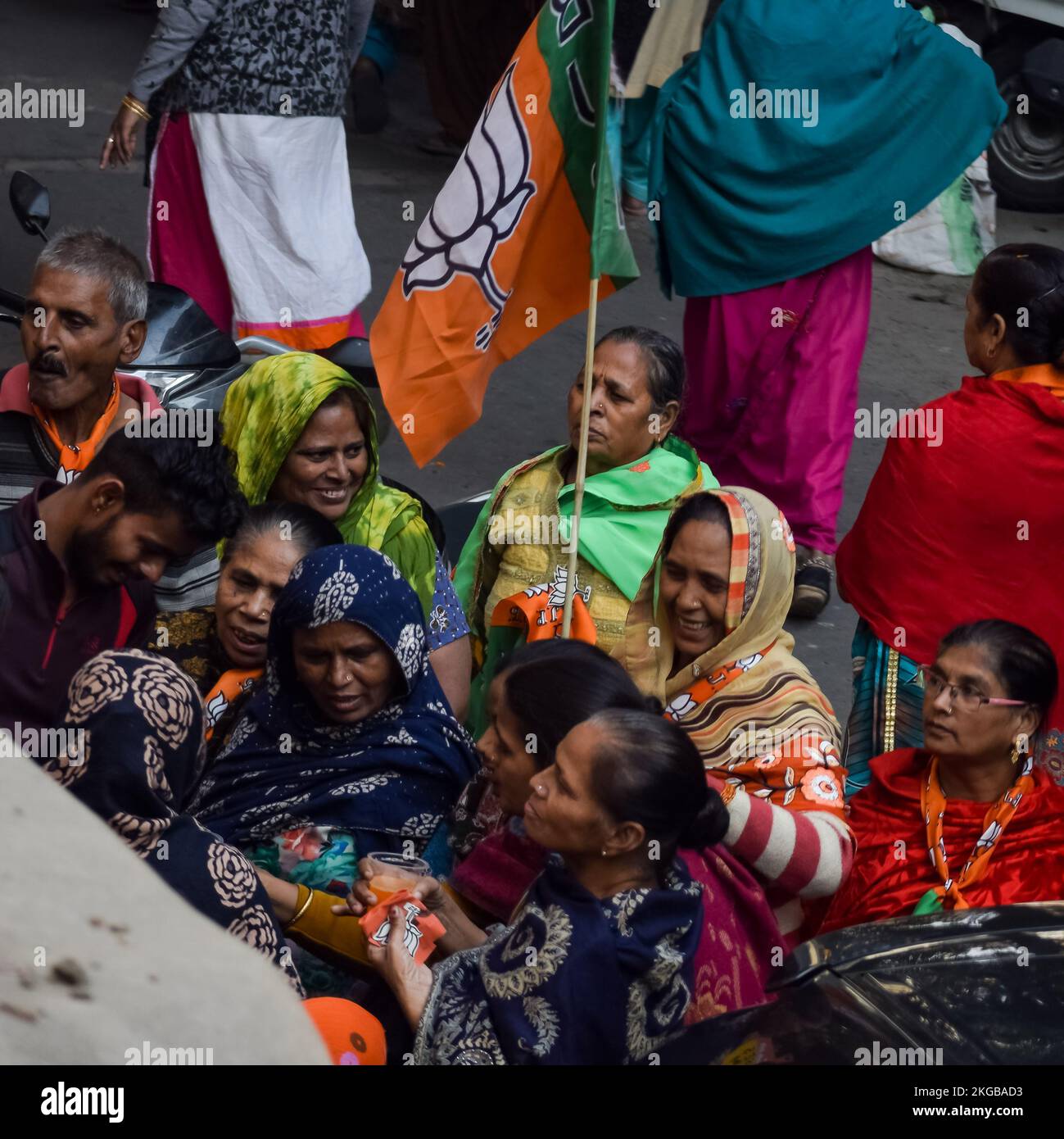 New Delhi, India, November 20 2022 - Bharatiya Janata Party (BJP) supporters during a rally in support of BJP candidate Pankaj Luthara to file nominat Stock Photo