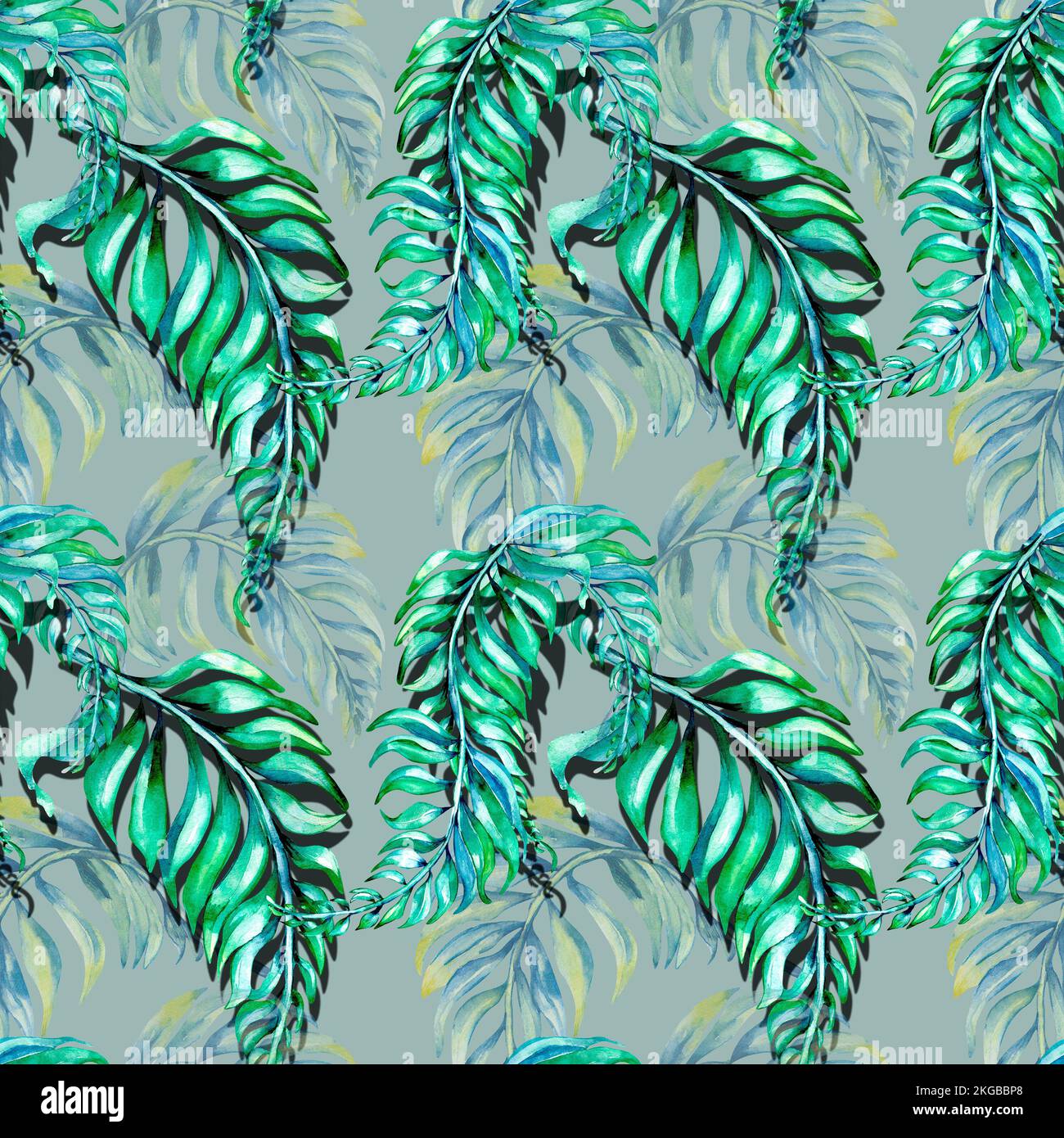 Jungle floral ornate seamless pattern watercolor illustration on blue . Palm leaves print. Exotic tropical plants, vintage print for design fabric, te Stock Photo