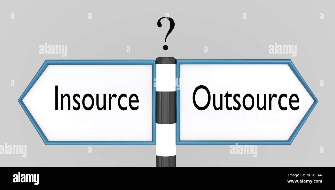 3D illustration of two symbolic road signs, pointing at opposite directions: the right arrow shows Outsource, while the left arrow shows Insource. Stock Photo