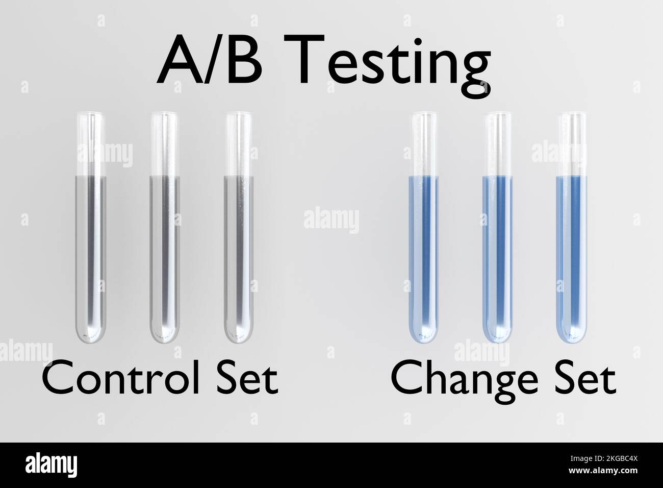 3D illustration of A/B Testing title above six test tubes devided into two groups: Control Set of 3 test tubes containing gray liquid, and Change Set Stock Photo