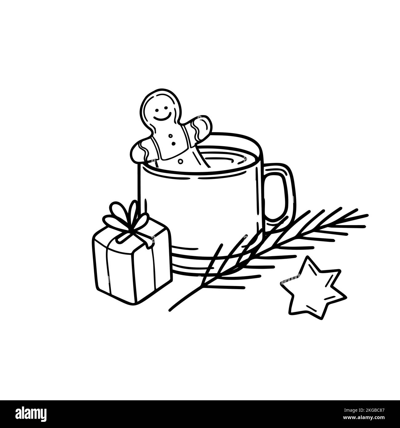 Hot chocolate with Gingerbread illustration beverage with Fir branch in doodle style Stock Vector