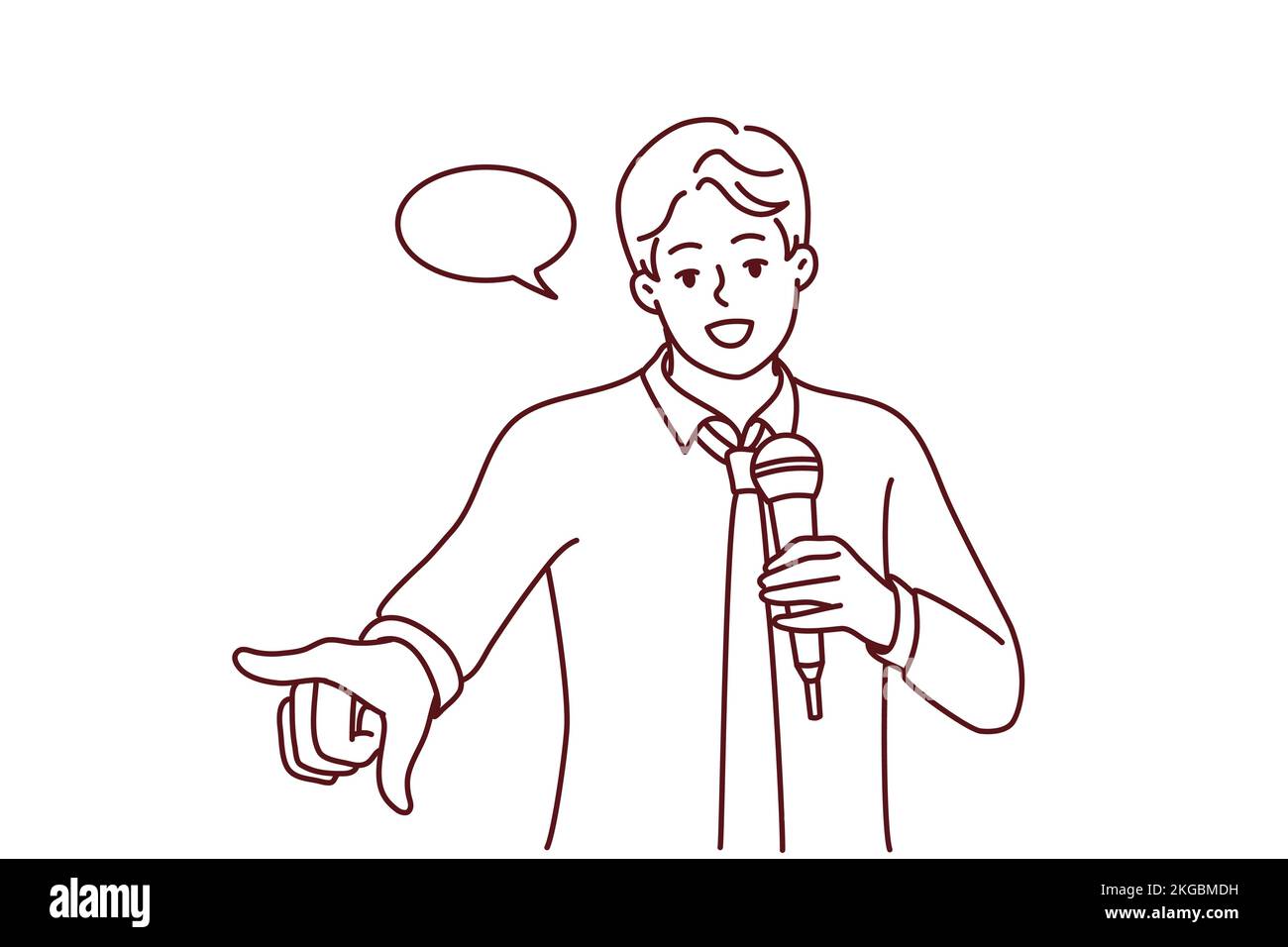 Young confident man with microphone make speech in front of audience. Smiling male speaker or