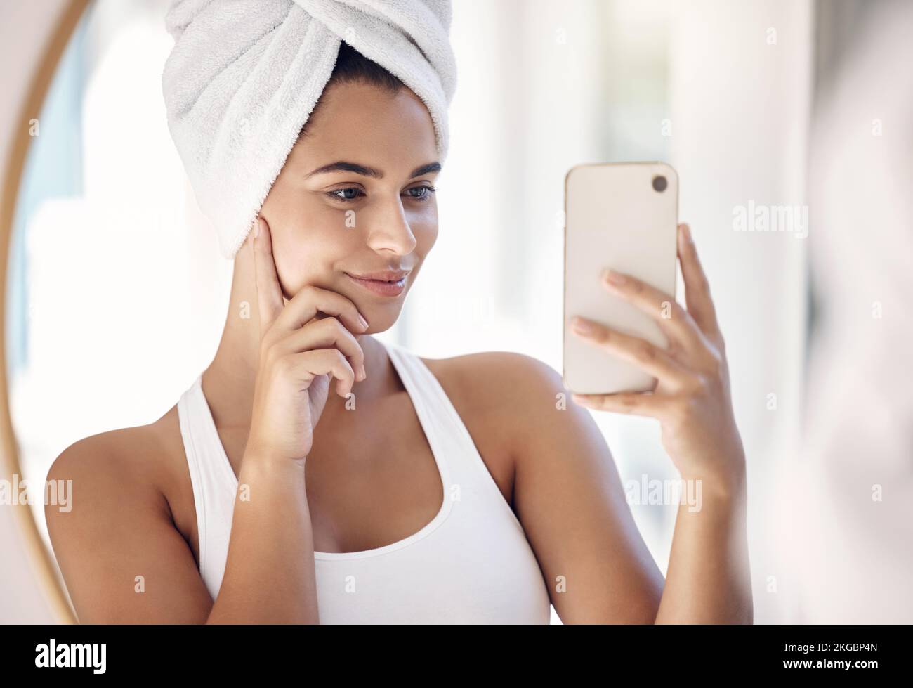 Phone, selfie and shower with a woman taking a photograph in the