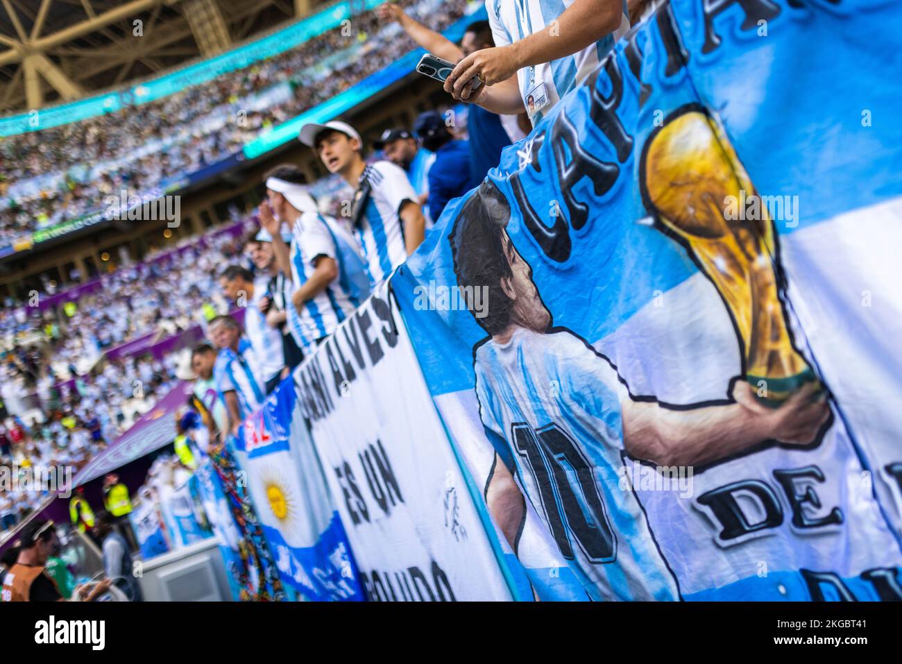 Doha, Qatar. 22nd Nov, 2022.  Argentinien Fanblock mit einem Plakat von Diego Armando Maradona Argentina - Saudi Arabia World Cup 2022 in Qatar 22.11. Stock Photo