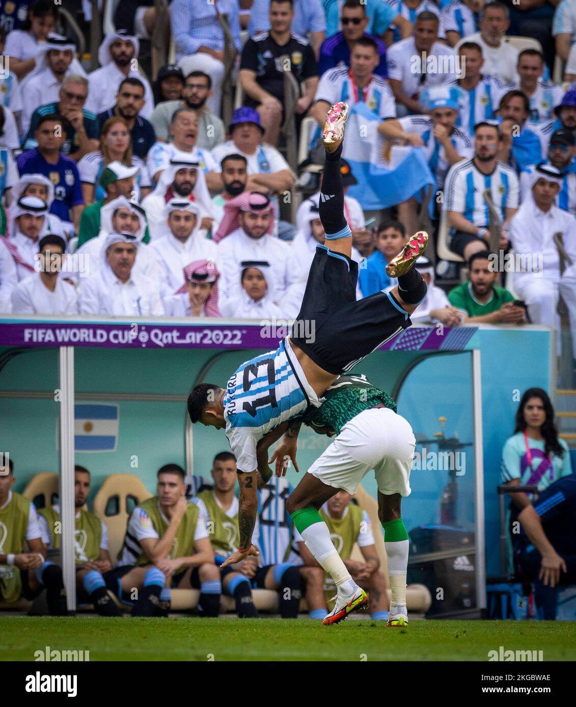 Doha, Qatar. 22nd Nov, 2022.  Cristian Romero (Arg), Mohamed Kanno (Saudi) Argentina - Saudi Arabia World Cup 2022 in Qatar 22.11.2022 Credit: Moritz Stock Photo
