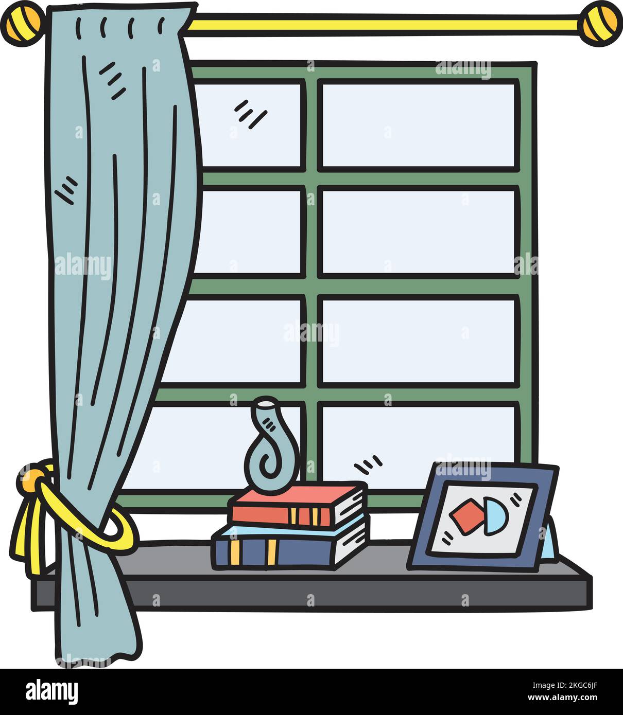 Hand Drawn Window with curtains and picture frames illustration