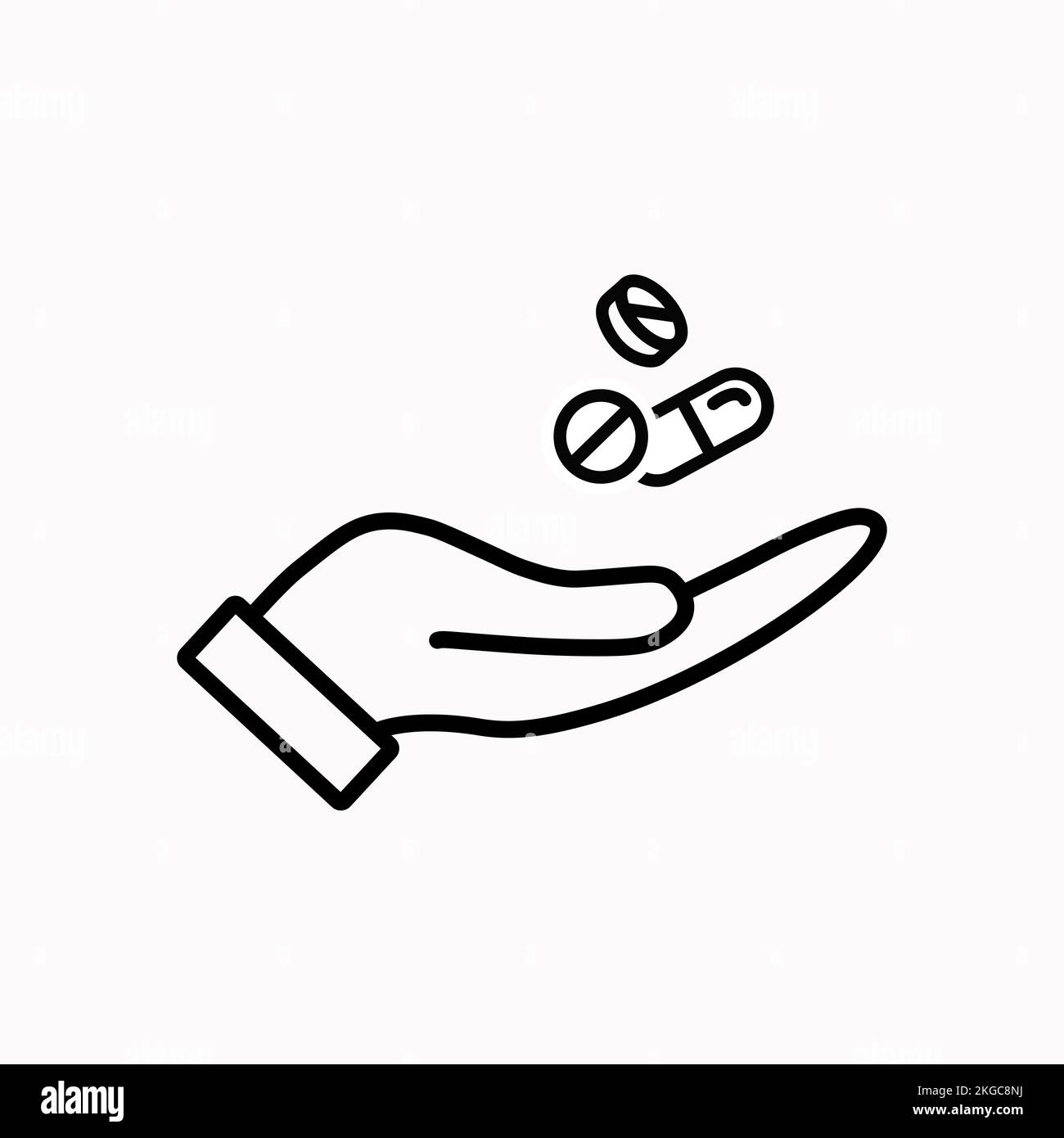 Pills, antibiotics, medicine in human hand thin line icon. Medical ...