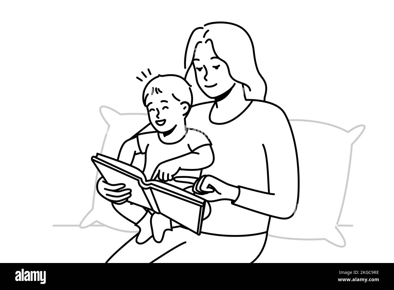 Happy caring young mother with little baby infant reading book together. Smiling loving mom play with small child at home. Motherhood concept. Vector illustration.  Stock Vector