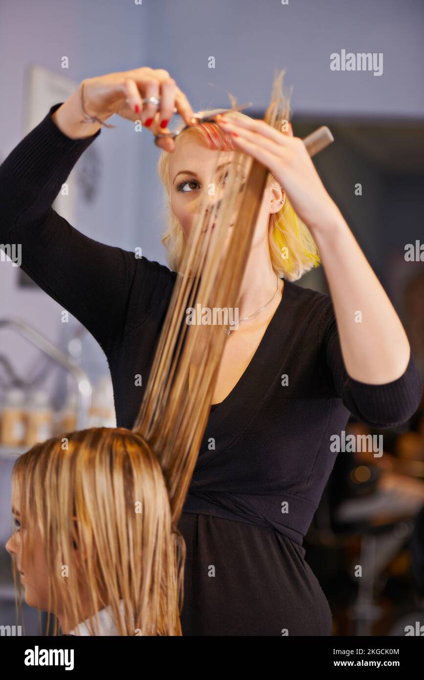 Changing her style. a female hairdresser cutting a clients hair. Stock Photo