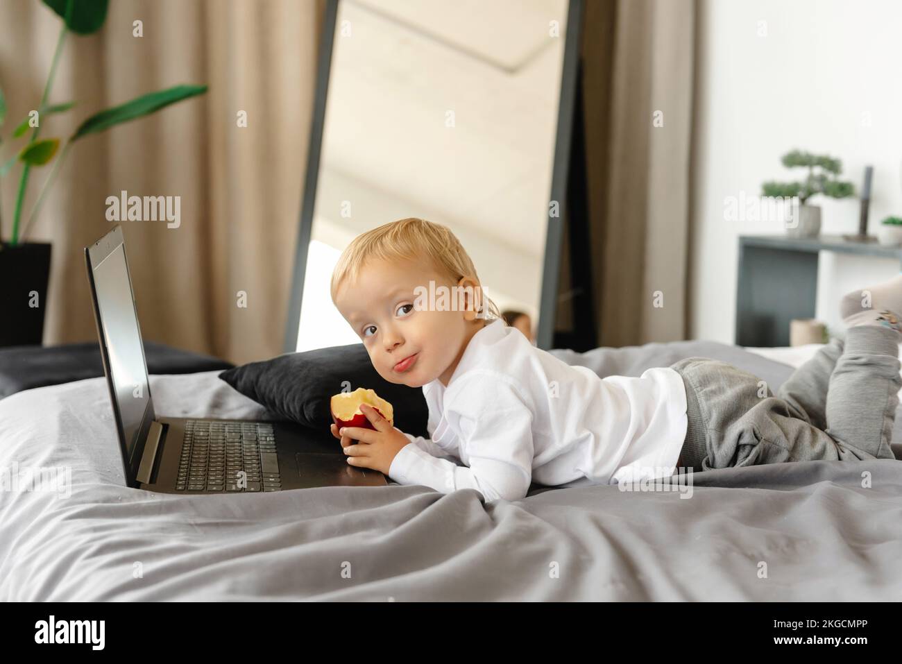 Cute kid is looking at a laptop and holding an apple, the rebonk is playing with the laptop. a smiling child lying on a bed next to his laptop Stock Photo