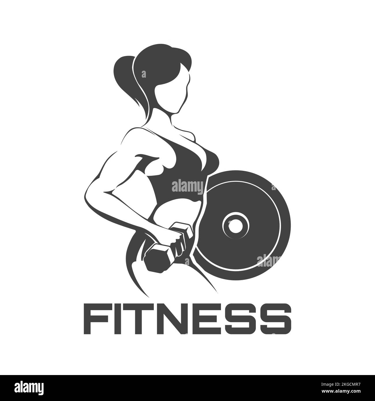 Fitness club logo or emblem with woman silhouette. Woman holds dumbbells. Isolated on white background. Stock Vector