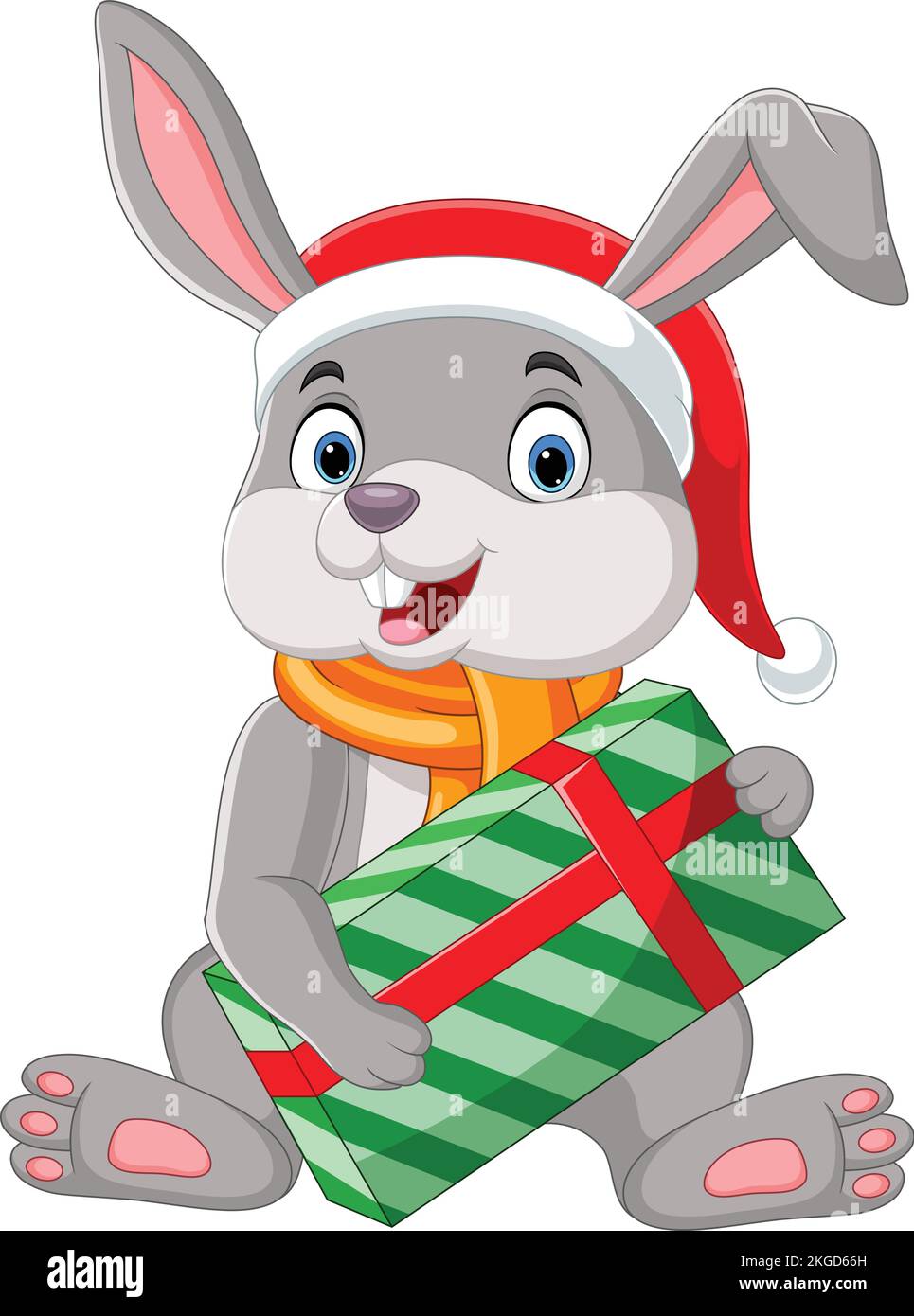 Cartoon rabbit wearing scarf and hat holding gift box Stock Vector