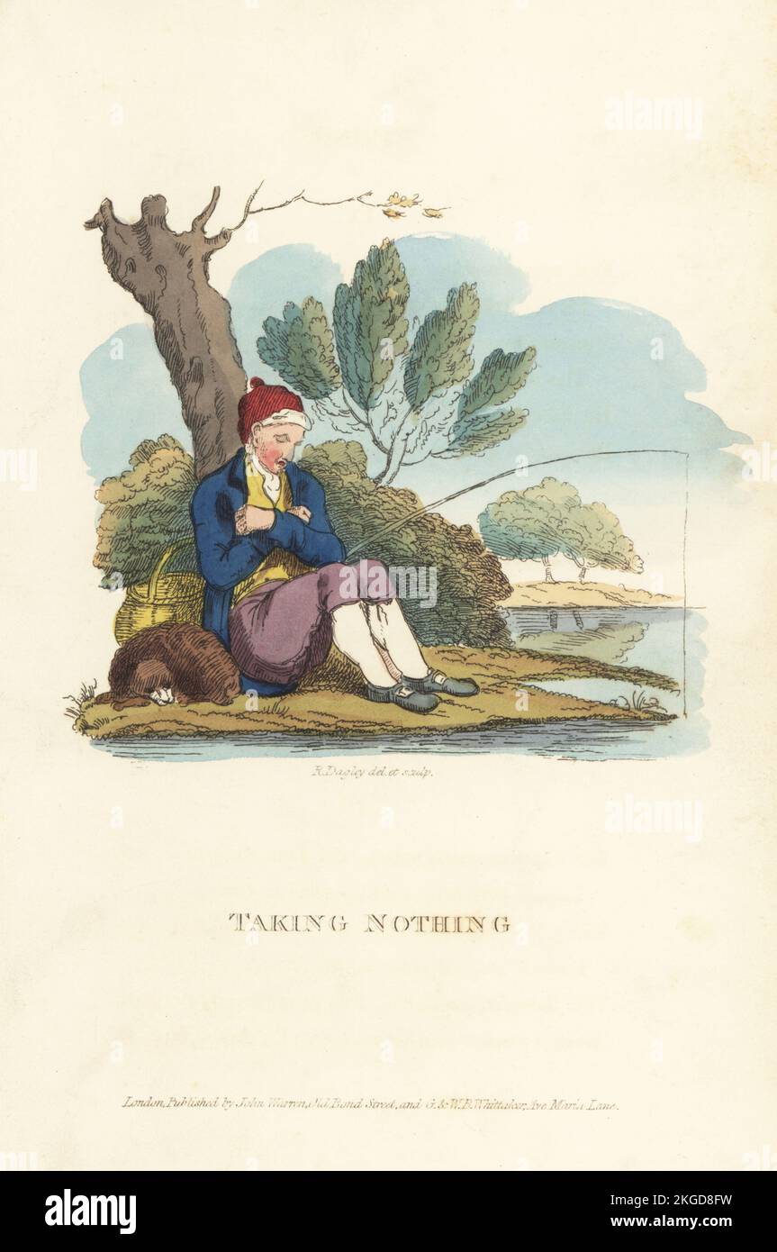 English gentleman fishing on a river bank, Regency era. Cockney angler and his dog sleeping next to a fishing rod. Taking Nothing. Handcoloured copperplate engraving drawn and engraved by Richard Dagley from Takings, or the Life of A Collegian, John Warren, London, 1821. Stock Photo