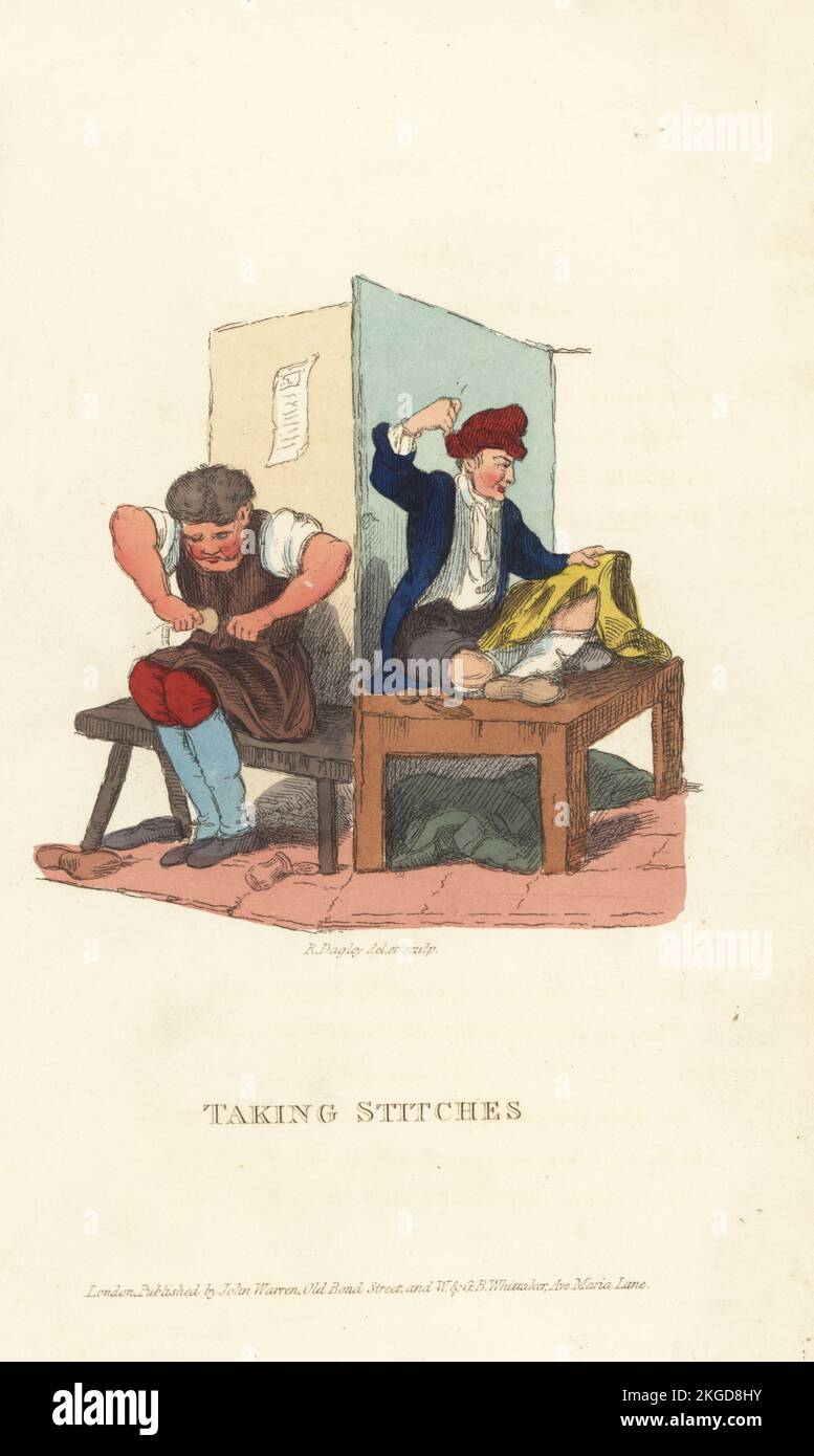 Two botchers repairing clothes, London, Regency era. The tailor and cobbler employed by Captain Flykite, a fashionable dandy, to mend his clothes and boots. Taking Stitches. Handcoloured copperplate engraving drawn and engraved by Richard Dagley from Takings, or the Life of A Collegian, John Warren, London, 1821. Stock Photo