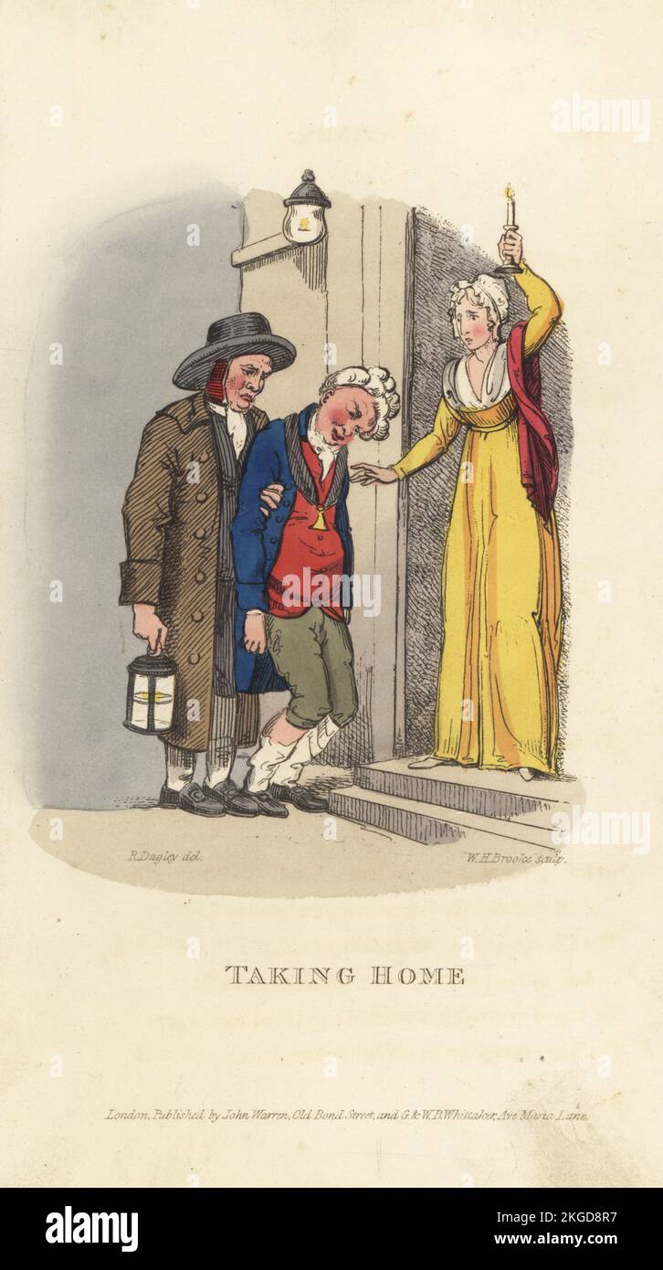 A nightwatchman brings a drunk home, Regency era. Watchman with lantern holds up a drunken alderman and MP. His shocked wife holds a candle at the door. Taking Home. Handcoloured copperplate engraving by William Henry Brooke after a drawing by Richard Dagley from Takings, or the Life of A Collegian, John Warren, London, 1821. Stock Photo