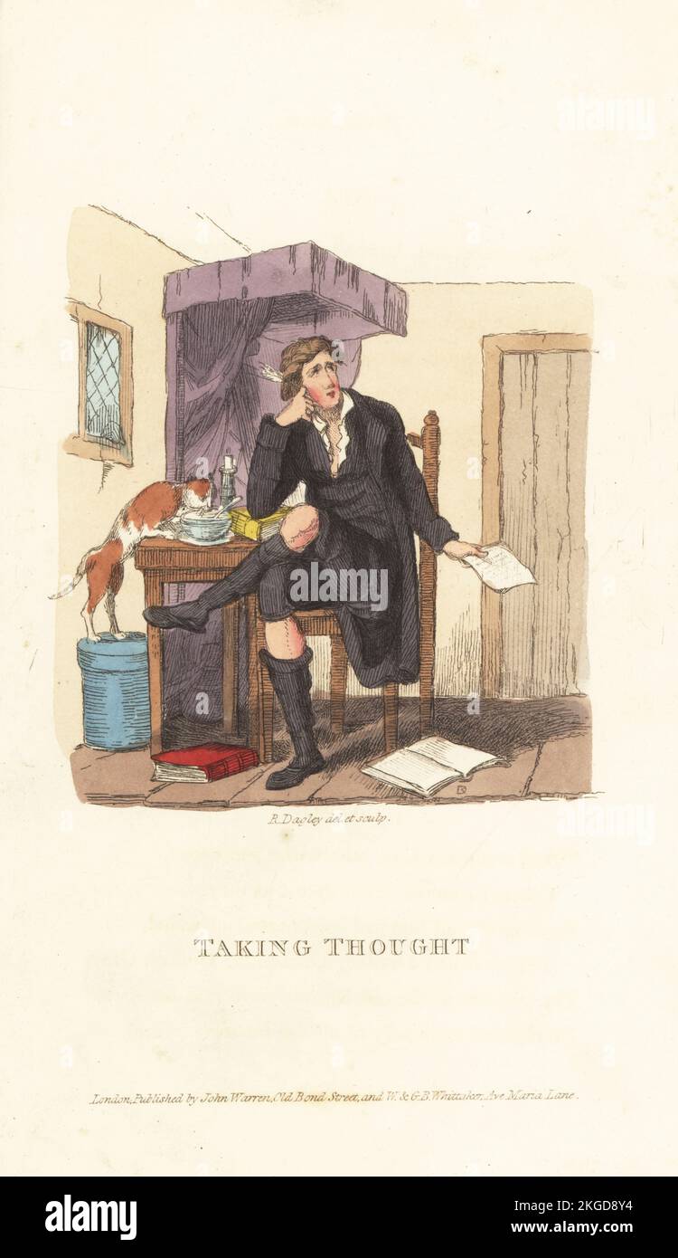 English gentleman writing poetry in a garret, Regency era. Tom Takeall sat at his desk with quill pen and paper, his elbow on a book. His pet cat eating his porridge. Taking Thought. Handcoloured copperplate engraving drawn and engraved by Richard Dagley from Takings, or the Life of A Collegian, John Warren, London, 1821. Stock Photo