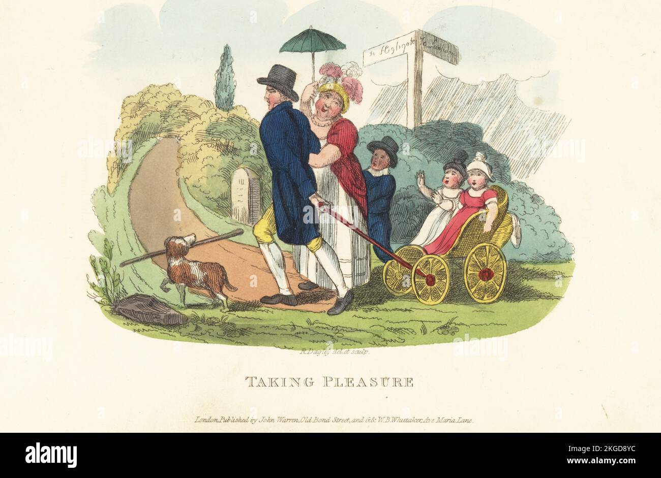 A family drawing their children in a toy coach on the road to Highgate, Regency era. Mr and Mrs Hobbs pulling daughter Kitty in a shay. Taking Pleasures. Handcoloured copperplate engraving drawn and engraved by Richard Dagley from Takings, or the Life of A Collegian, John Warren, London, 1821. Stock Photo