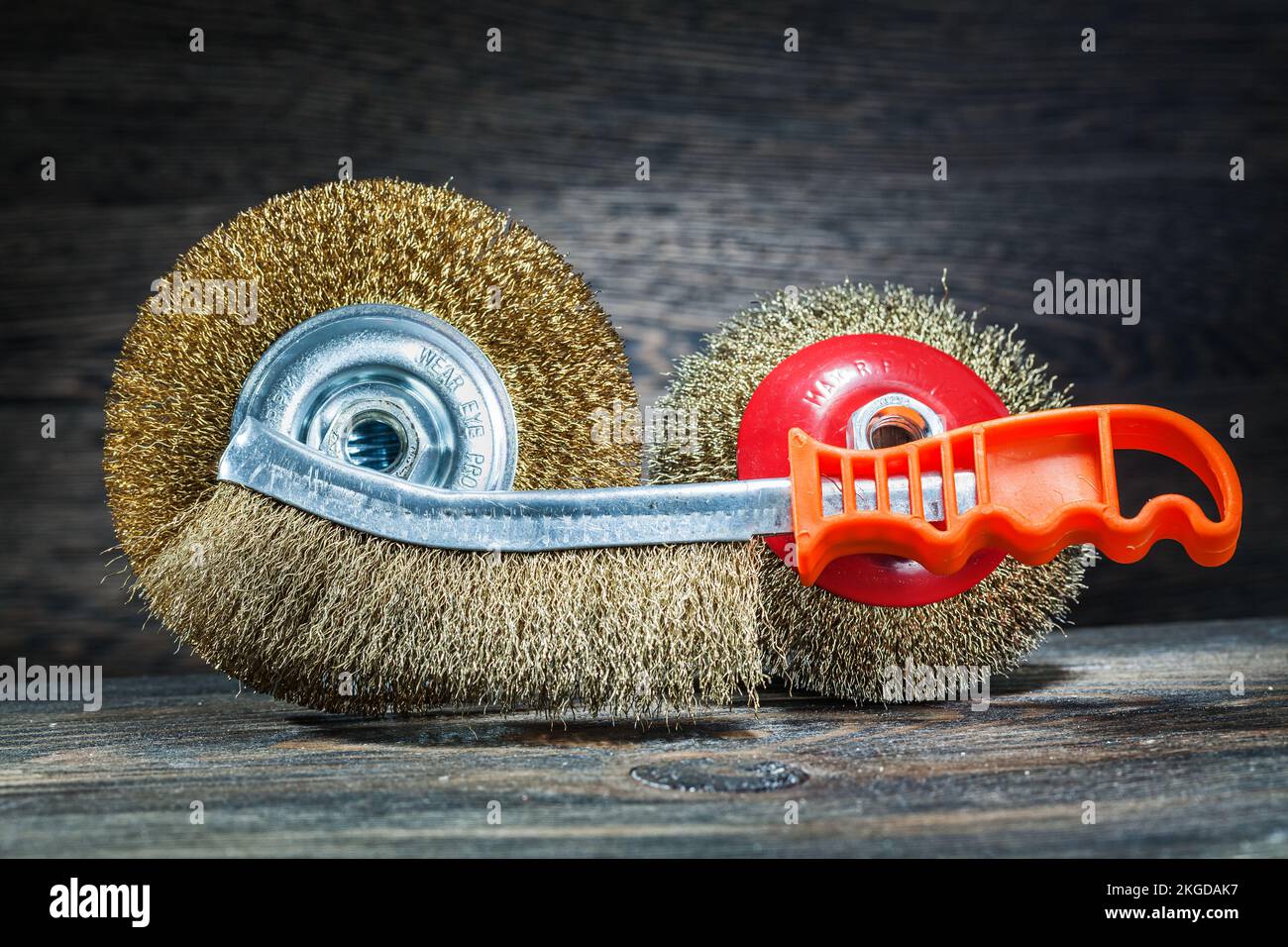 abrasive tools wire brushes on vintage wood Stock Photo Alamy
