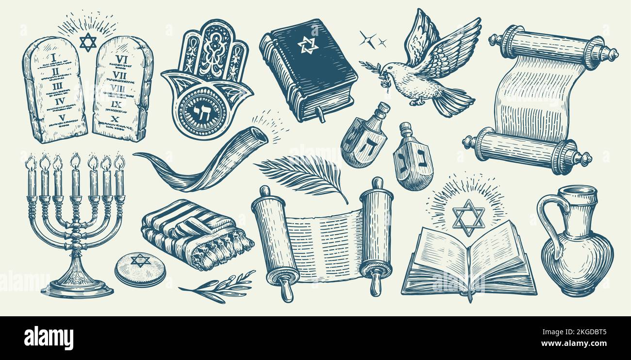 Jewish religious items set. Torah scroll, Menorah, Tablets, Miriam hand. Religion concept vintage vector illustration Stock Vector