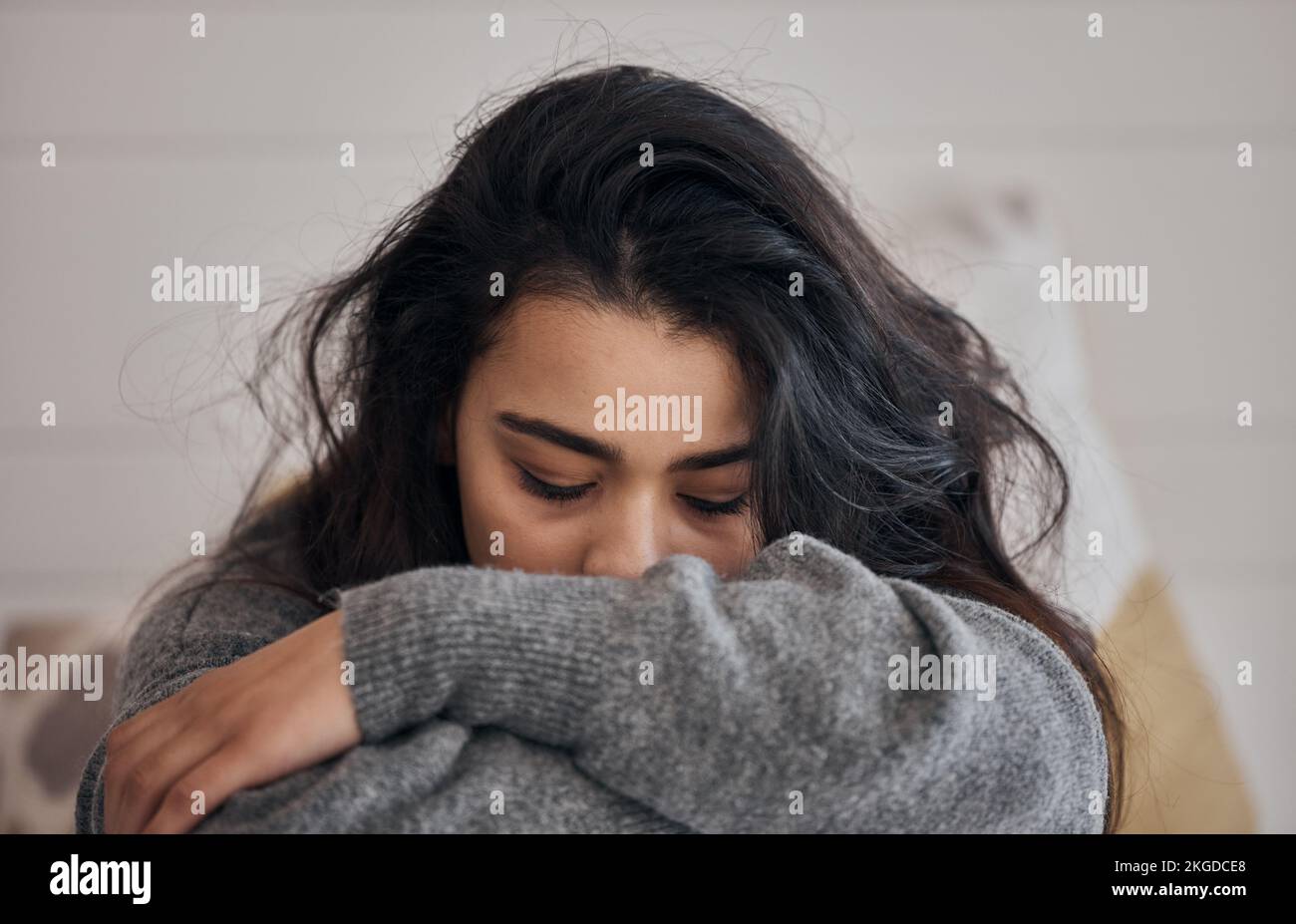 Woman, stress and depression in lonely mental health problems, issues or anxiety at home. Sad female face suffering from loneliness, withdrawal or Stock Photo