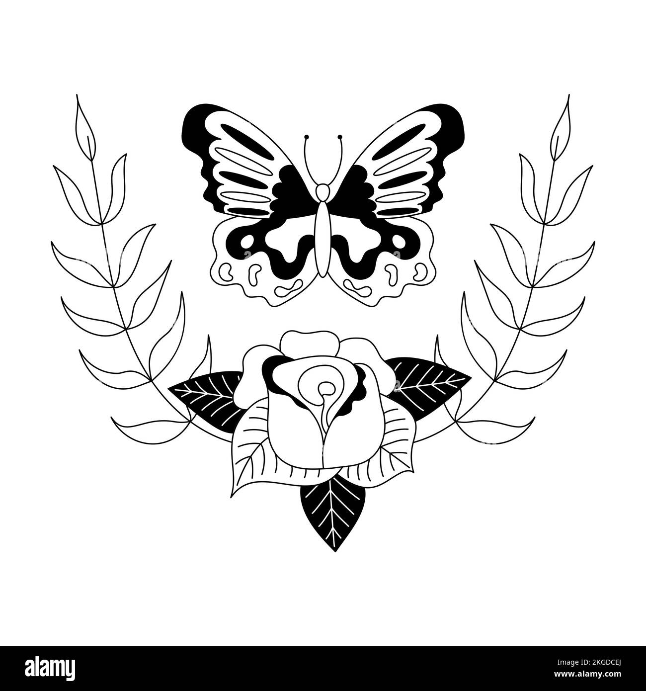 Butterfly with rose tattoo in y2k, 1990s, 2000s style. Emo goth element