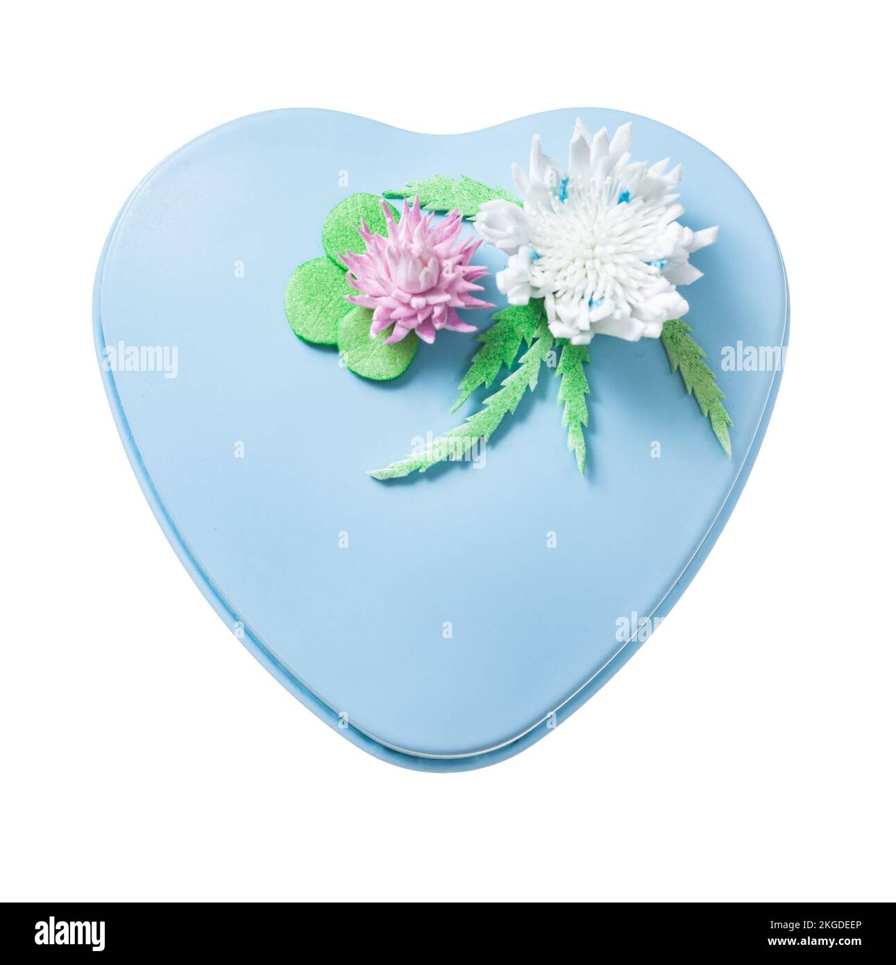 Blue metal decorated heart-shaped gift box isolated on white. Stock Photo