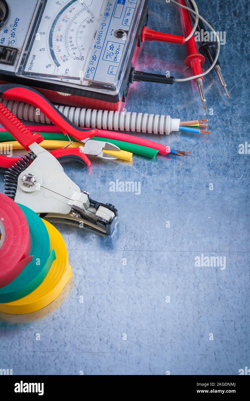 Collection of electricity tools top view image construction concept