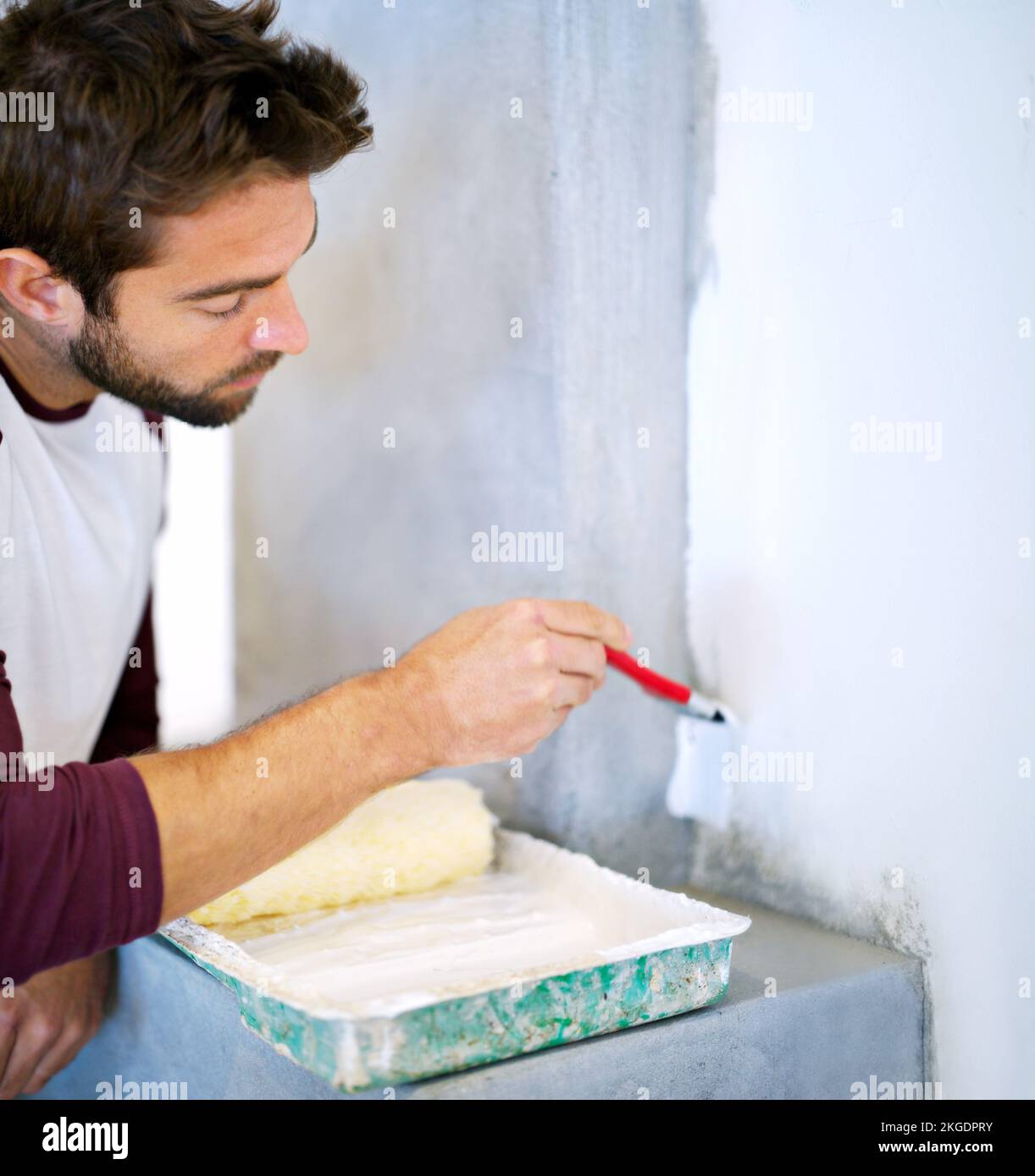 Hes handy around the house. a young man painting a wall indoors. Stock Photo