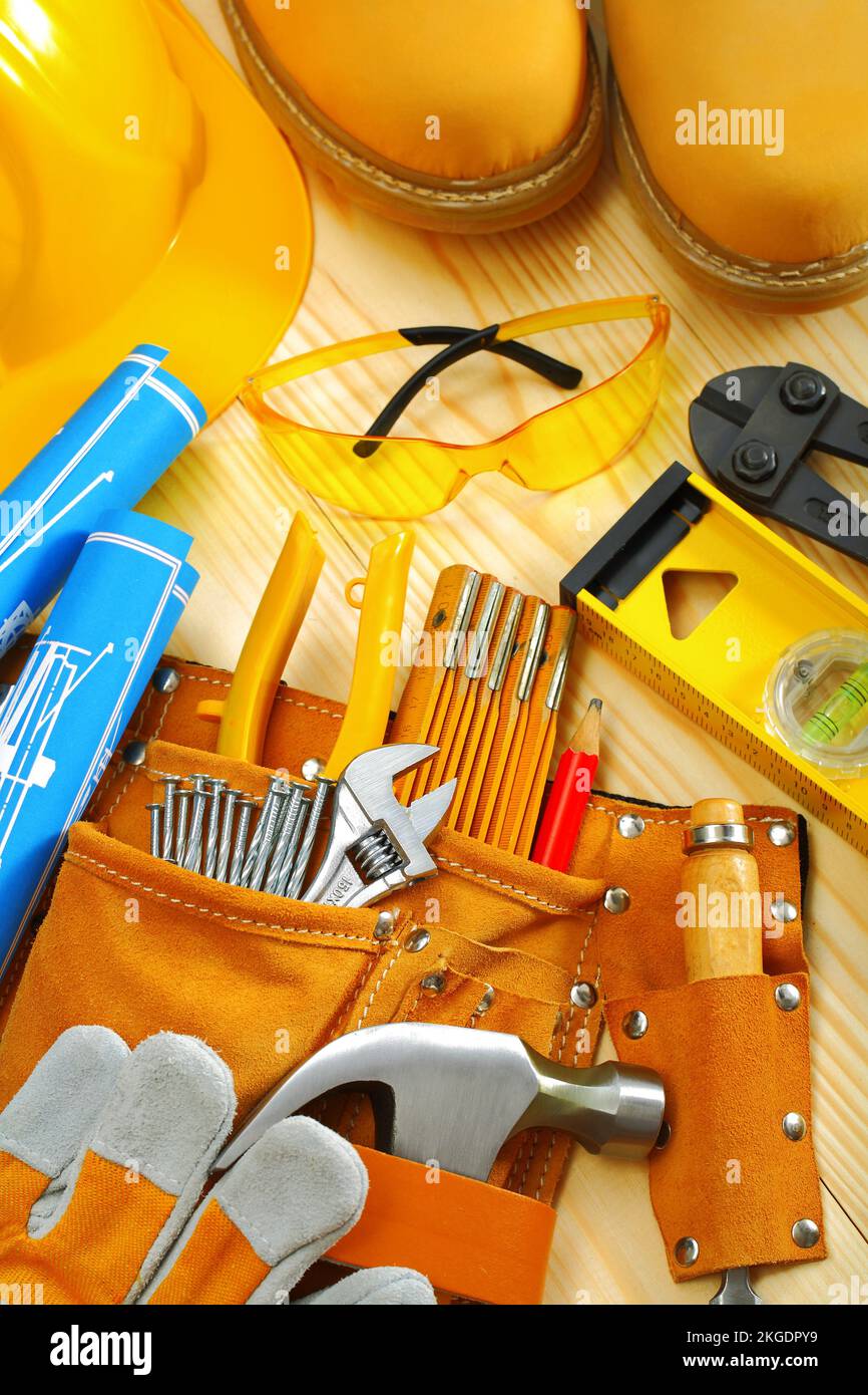 composition of carpentry tools on wooden boards Stock Photo Alamy
