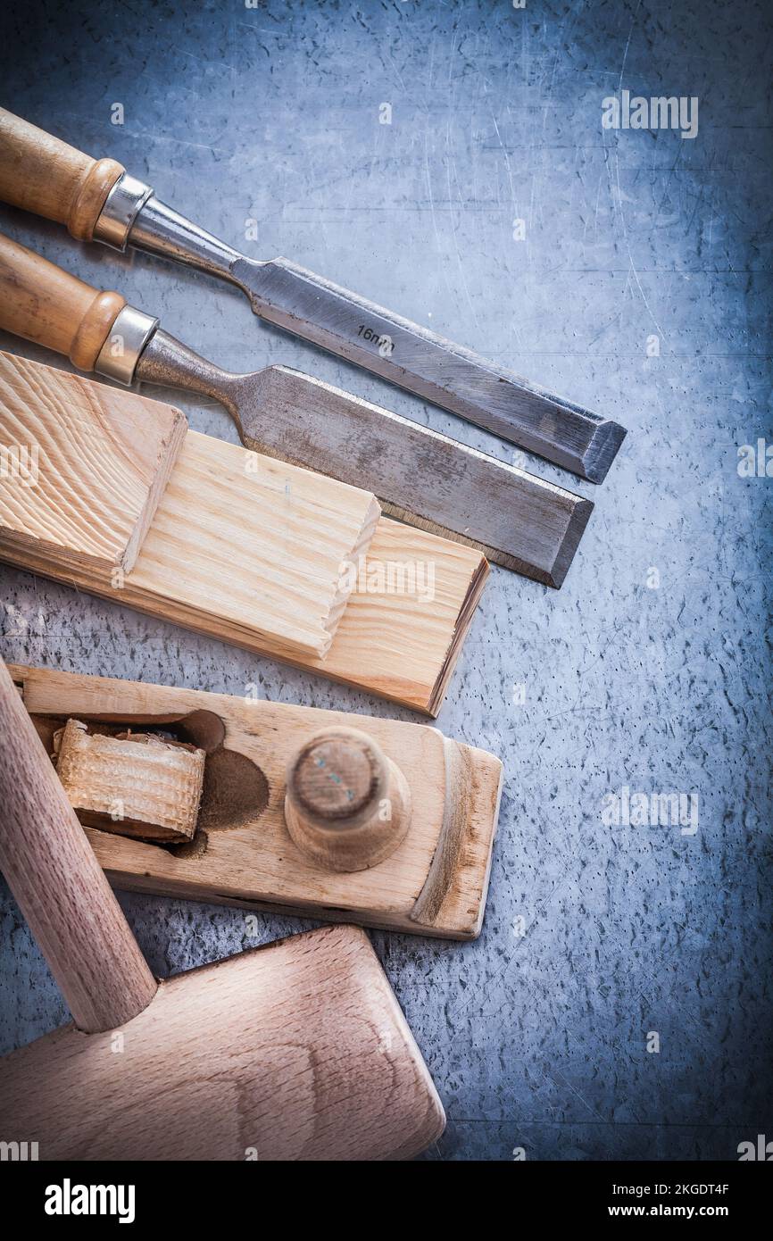 Composition of wooden planer mallet bricks flat chisels construction ...