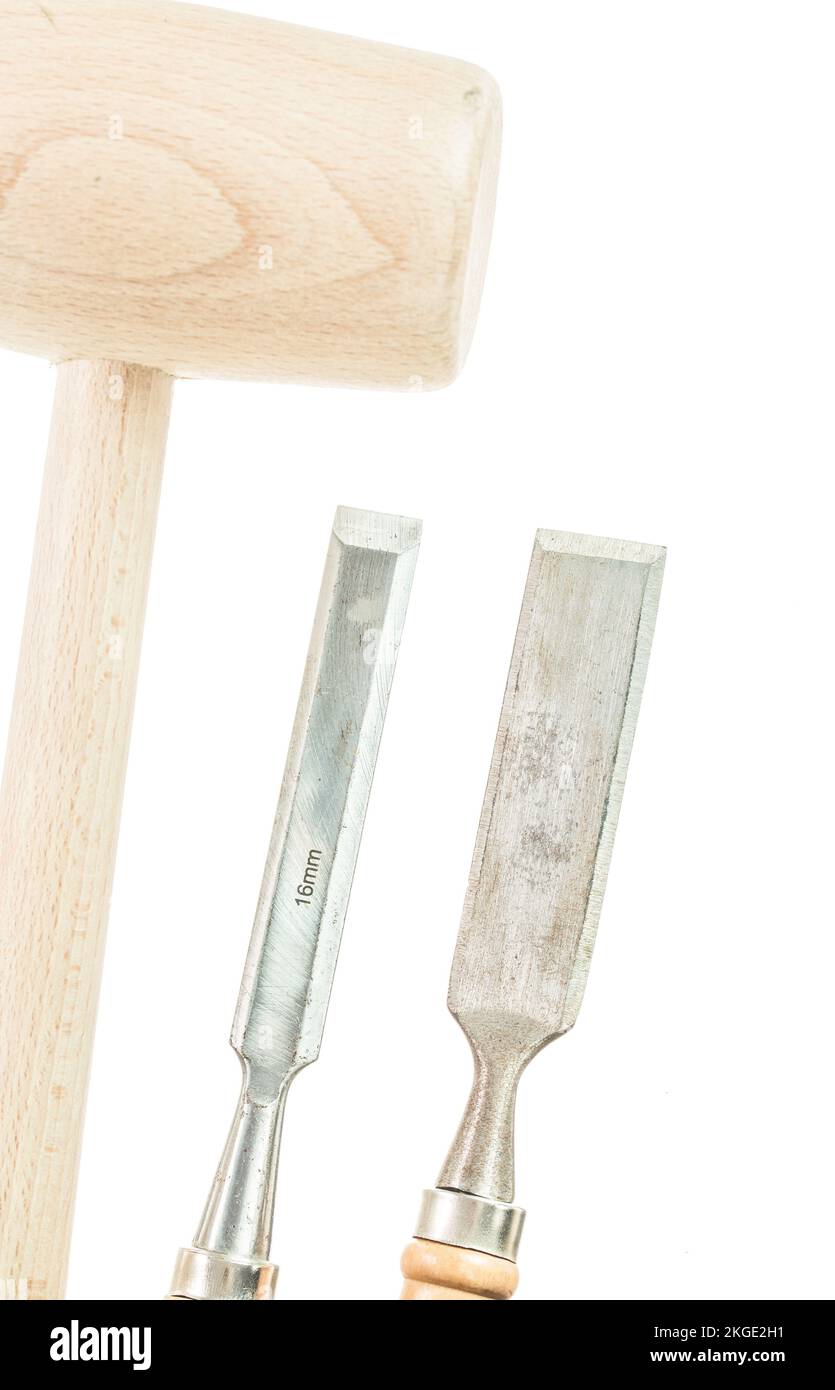 Flat chisels wooden mallet isolated on white Stock Photo Alamy