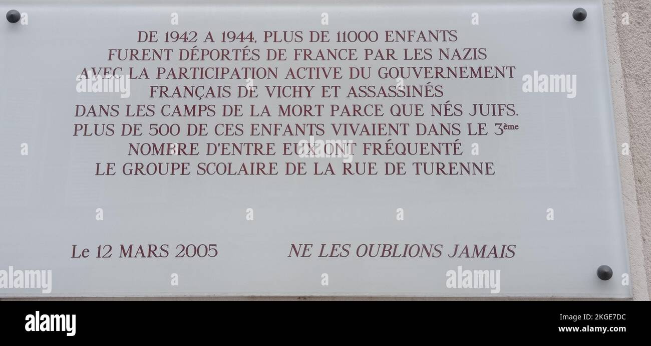 Plaque commémorative à Paris posée le 12 mars 2005 Stock Photo