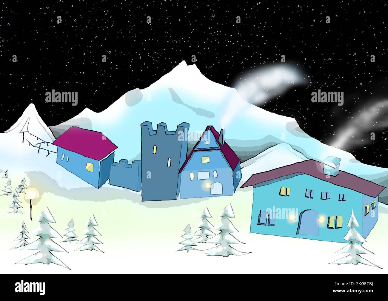 Gemaltes  3D Hintergrundbild mit Häusern und Gebirge im Winter Stock Photo