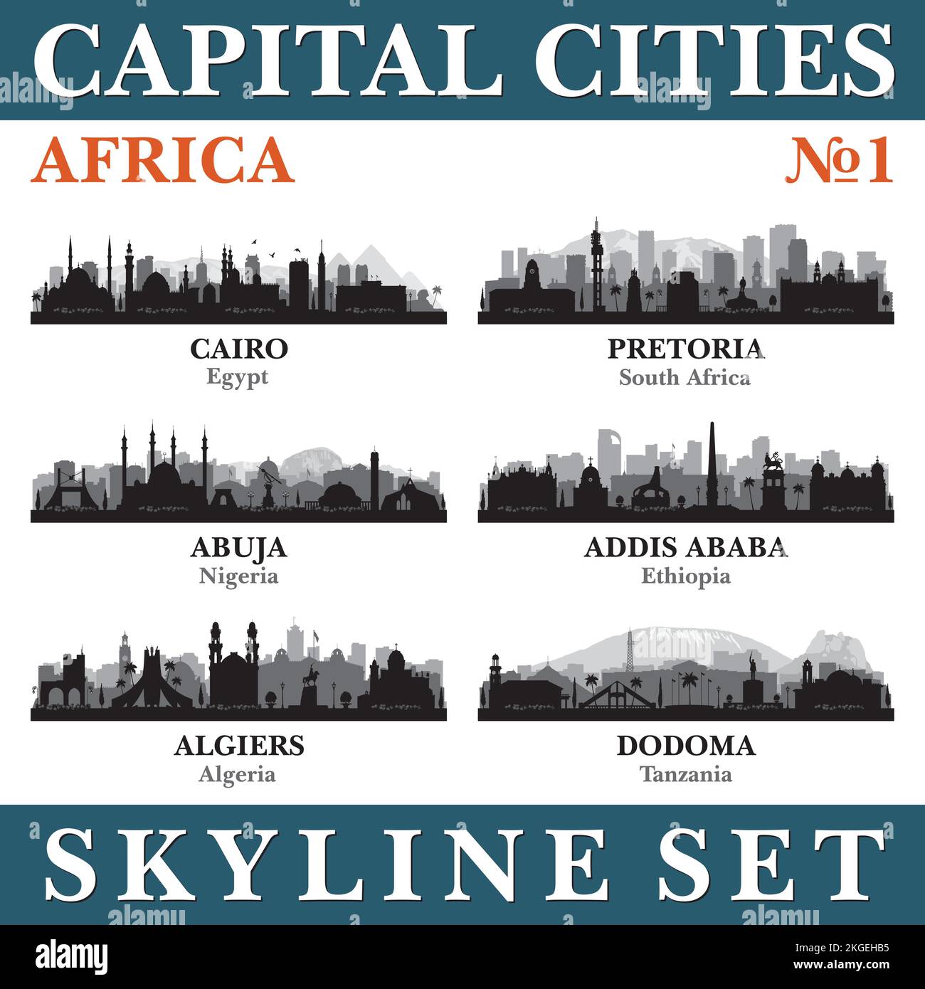 Capital cities skyline set. Africa. Vector silhouette background illustration. Stock Vector
