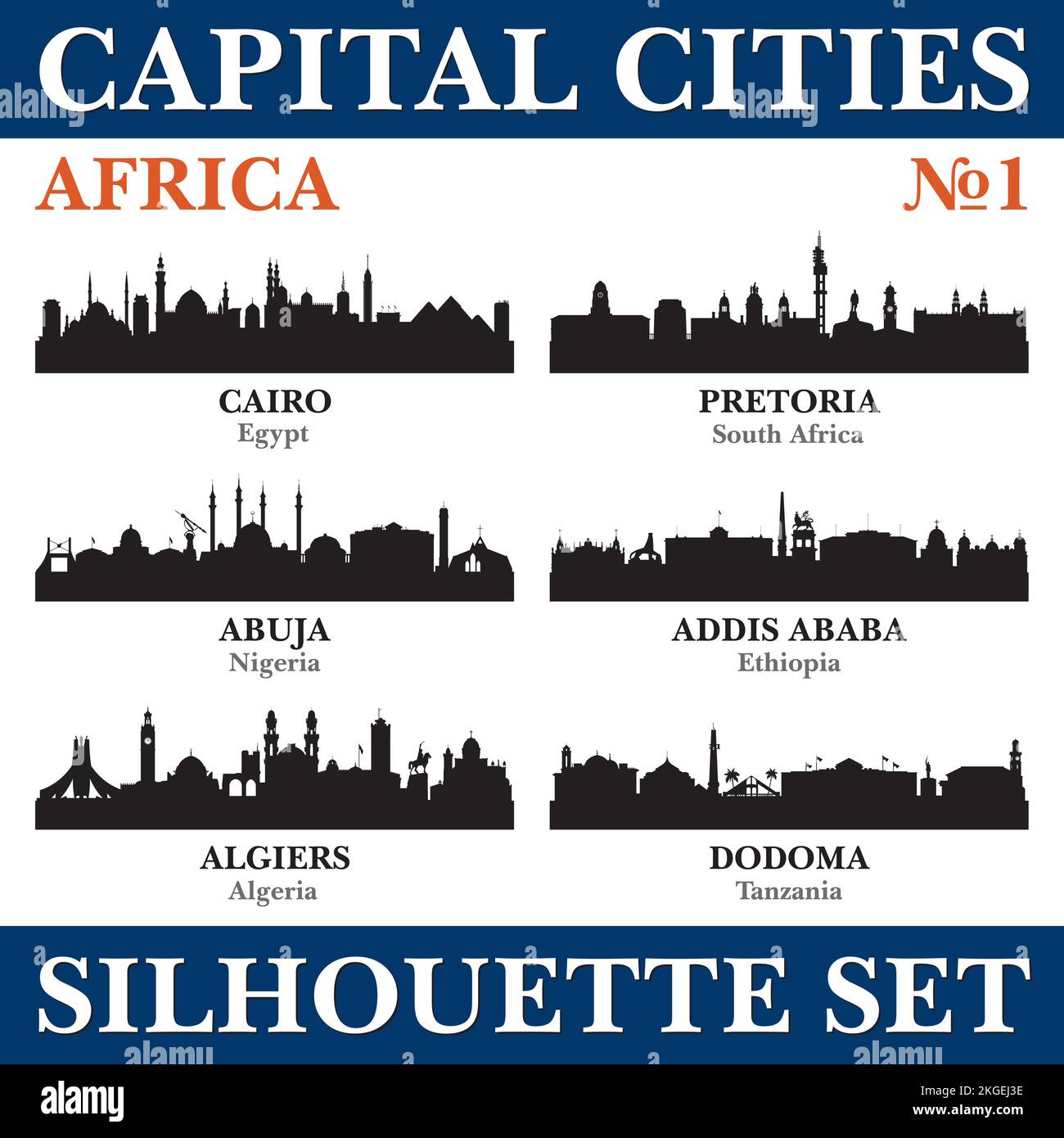Capital cities skyline set. Africa. Vector silhouette background illustration. Stock Vector