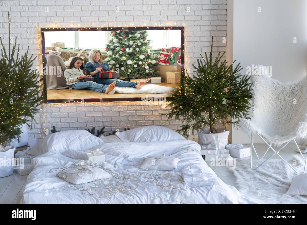 New Year's interior. Christmas tree bed with soft beige back and